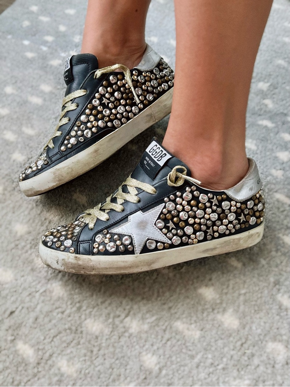 Golden Goose Black Leather Studded Sneakers with Silver Star and Gold Laces - Picture 2 of 5